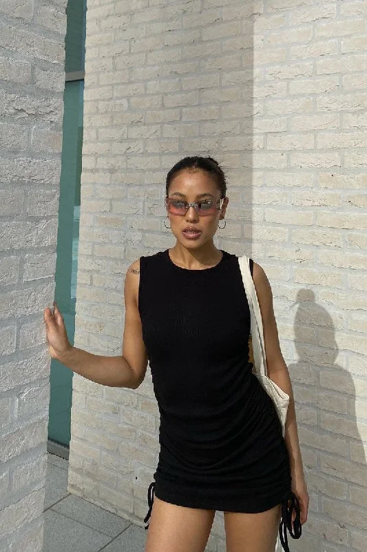 Bodycon Dress with Pleats -Black High Neck Side Ruched Mini Bodycon Dress - Nia