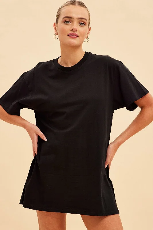 Light-weight Cotton Shirt Dress-Black Jamie Oversized T-Shirt Dress
