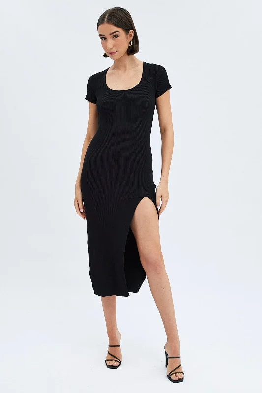 Bodycon Dress with Glittery Finish -Black Knit Dress Short Sleeve Bodycon Midi
