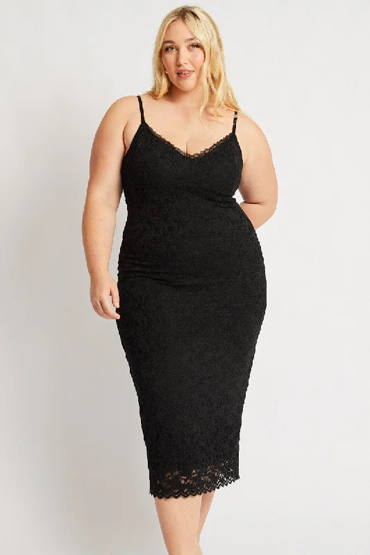 Women's Off-shoulder Bodycon Dress -Black Lace Bodycon Midi Dress