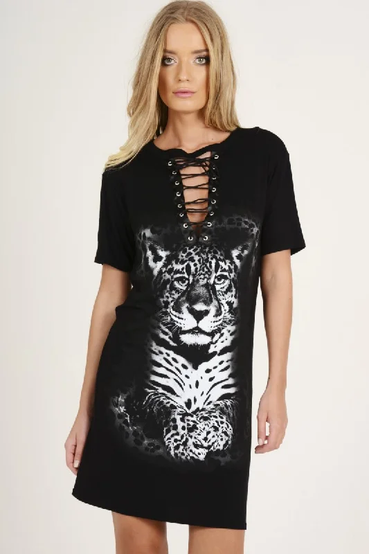 Fashionable Shirt Dress-Black Lace Up Tiger T-shirt Dress - Mali