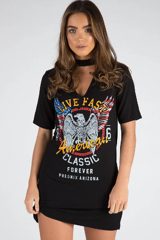 Chic Denim Shirt Dress-Black Live Fast Choker Neck T-shirt Dress - Chloe