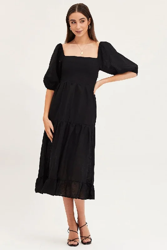 Women's Tied Waist Maxi Dress-Black Maxi Dress Linen