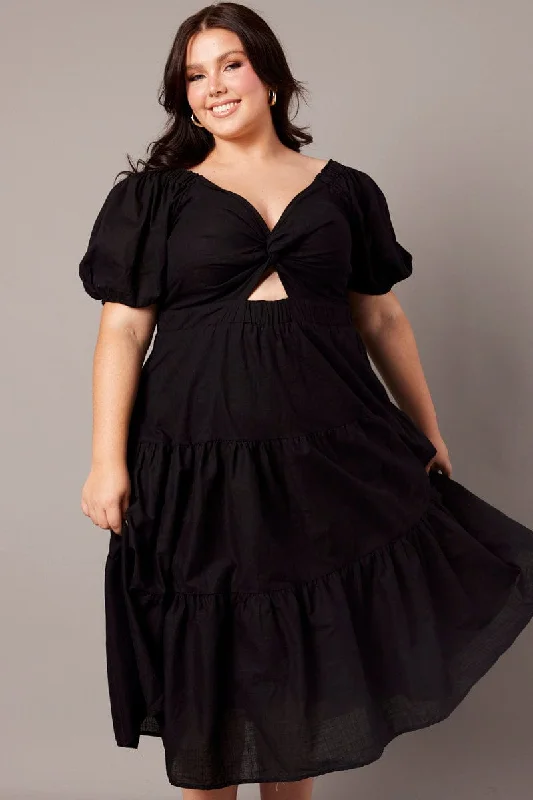 Women's Fitted Maxi Dress-Black Maxi Dress Short Sleeve Tiered Twist Front