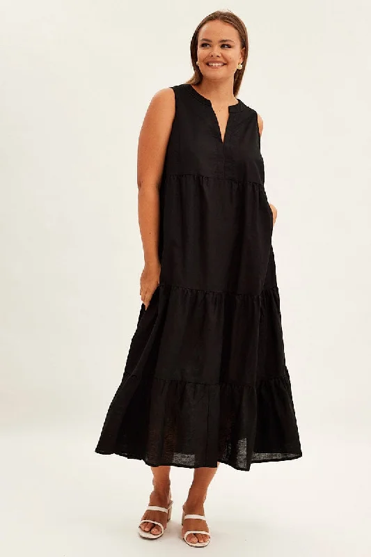 Women's Beachy Wrap Maxi Dress-Black Maxi Dress Sleeveless Tiered Linen Blend
