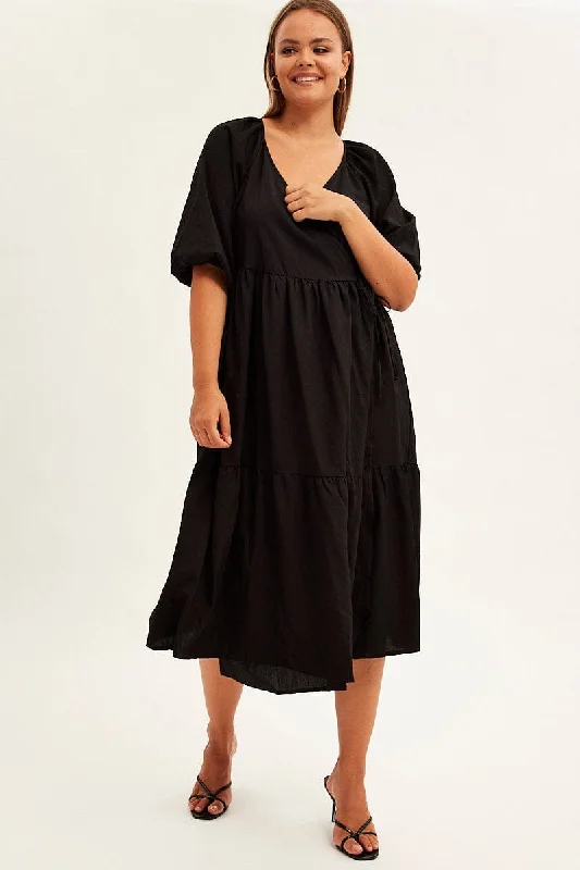 Women's Color-blocked Maxi Dress-Black Maxi Dress Wrap Short Sleeve