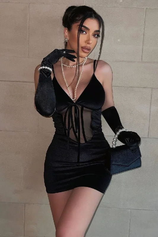 Women's Back Detail Lace Mini Dress-Black Mesh Detail Corset Velvet Mini Dress - Asha Women's Back Detail Lace Mini Dress-Black Mesh Detail Corset Velvet Mini Dress - Asha