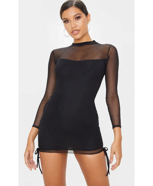 Elegant Satin Bodycon Dress -Black Mesh High Neck Bodycon Dress