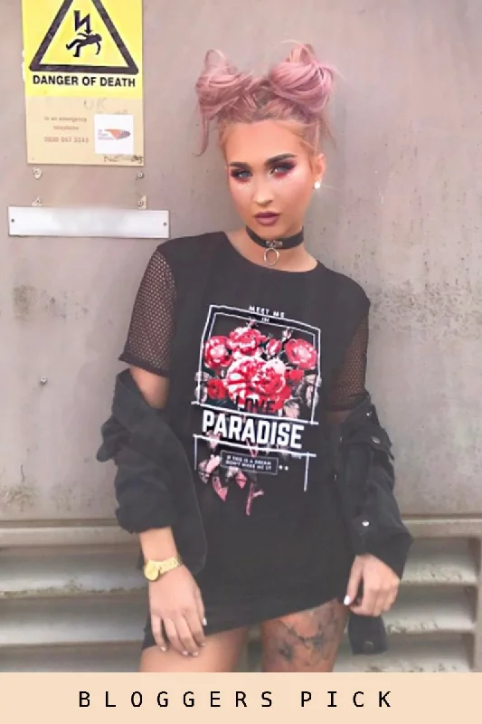 Maxi Shirt Dress-Black Mesh Love Paradise Slogan T-shirt Dress - Sally