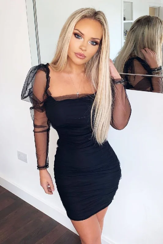Women's Casual Bodycon Dress -Black Mesh Ruched Long Sleeve Bodycon Dress - Edeline