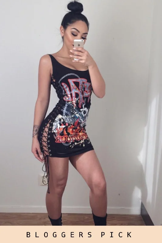 Button-up Pocket Shirt Dress-Black Metal Graphic Print Lace Up Sides T Shirt Dress - Callie