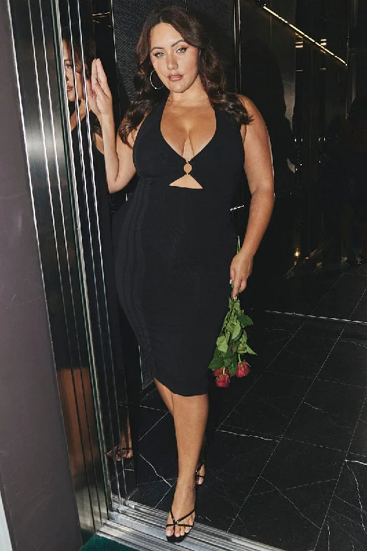 Bodycon Dress with Gold Detailing -Black Midi Bodycon Dress Halter Jersey
