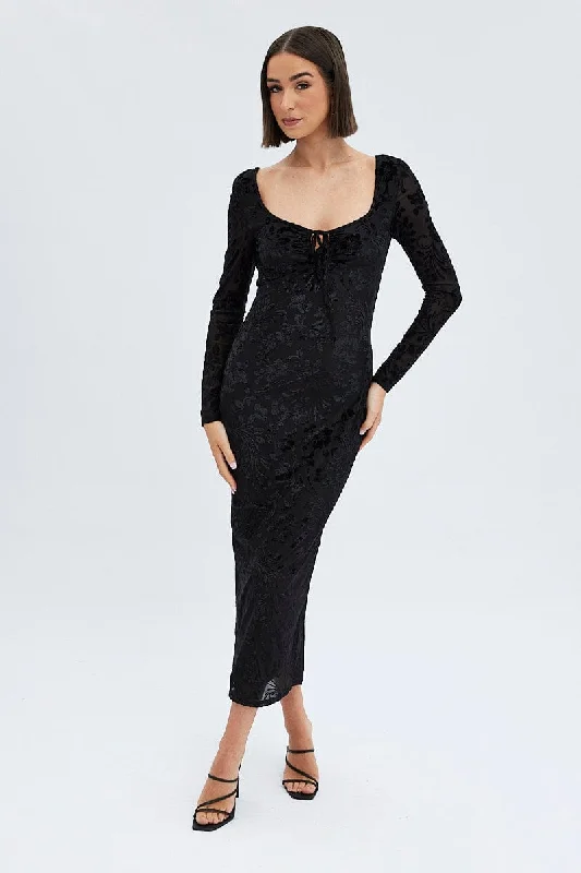 Red Lace Bodycon Dress -Black Midi Dress Long Sleeve Bodycon Mesh