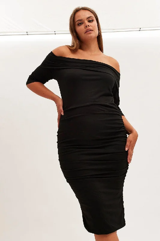 Bodycon Dress with Satin Fabric -Black Midi Dress Off Shoulder Bodycon Jersey