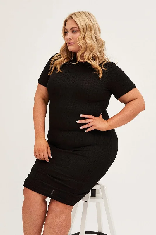 Formal Event Bodycon Dress -Black Midi Dress Short Sleeve Rib Jersey Bodycon