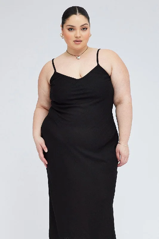 Luxurious Satin Slip Dress for Evening -Women's Satin Slip Dress with Side Slit -Black Midi Slip Dress Linen Blend