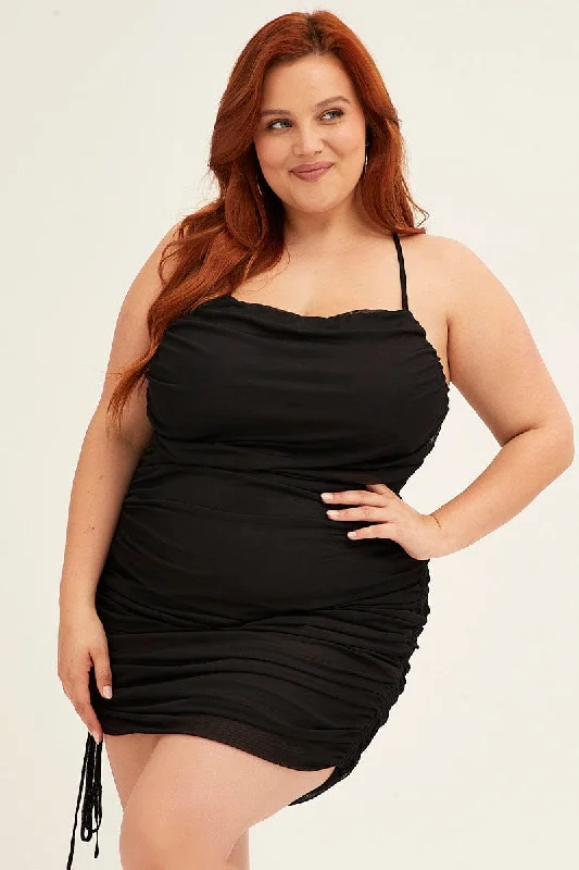 Women's Sexy Bodycon Dress with Sequins -Black Mini Dress Cross Back Ruched Bodycon Mesh