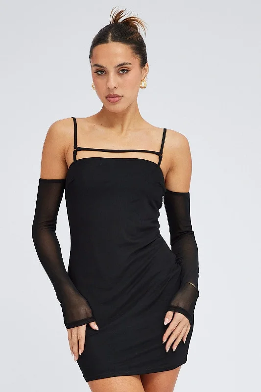 Long Bodycon Dress -Black Mini Dress Long Sleeve Cold Shoulder Bodycon Mesh