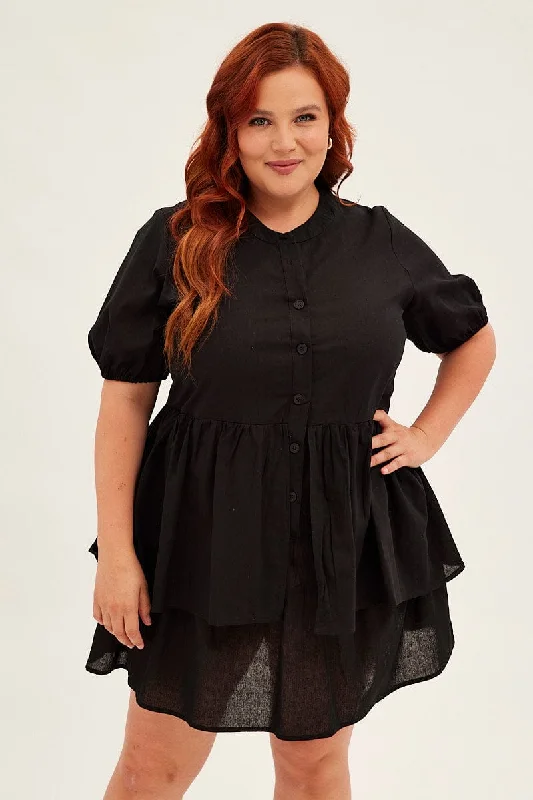 Comfortable Sleeveless Shirt Dress-Black Mini Shirtdress Frill Layer Cotton Linen Blend