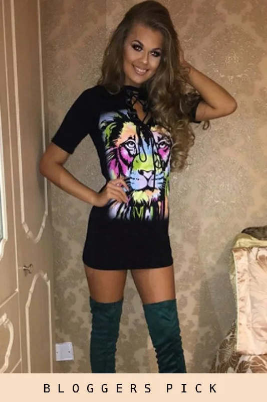 Women's Classic Shirt Dress-Black Multi Coloured Lion Print Lace Up T Shirt Dress - Lilly