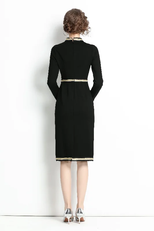 Bodycon Dress with Puff Sleeves -Black Office Bodycon Crewneck Long Sleeve Knee Elegant Dress Bodycon Dress with Puff Sleeves -Black Office Bodycon Crewneck Long Sleeve Knee Elegant Dress