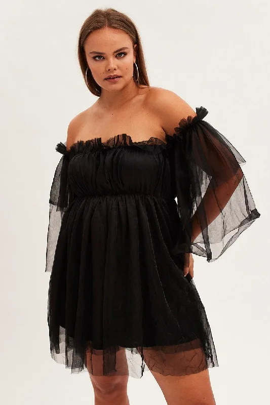 Fit-and-Flare Party Dress for Playful Vibe -Black Party Dress Off-shoulder Mini Tulle