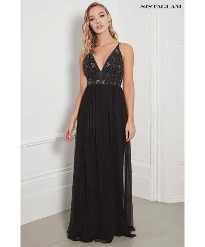 Women's Lace Detail Maxi Dress-Black Plunge Embellished Maxi Dress