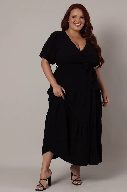 Wrap Dress with Tulle Skirt -Plus Size Wrap Dress for Evening -Black Puff Sleeve Faux Wrap Linen Blend Dress Wrap Dress with Tulle Skirt -Plus Size Wrap Dress for Evening -Black Puff Sleeve Faux Wrap Linen Blend Dress