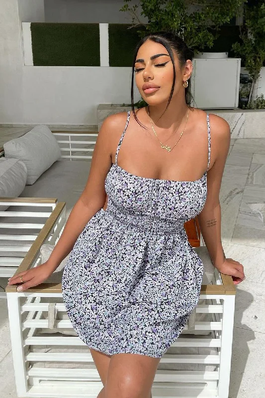 Women's Ruffled Bodycon Mini Dress-Black Purple Floral Print Shirred Backless Mini Dress - Allison Women's Ruffled Bodycon Mini Dress-Black Purple Floral Print Shirred Backless Mini Dress - Allison