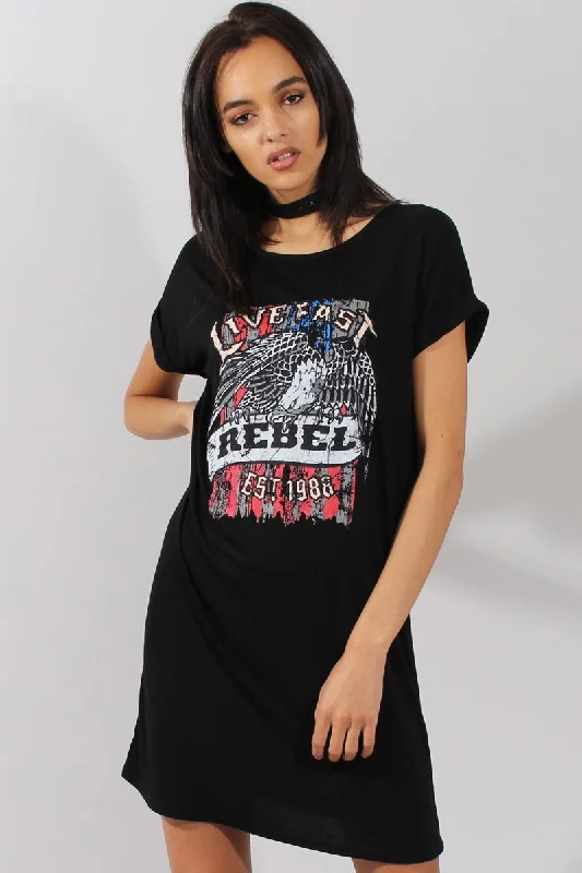 Belted Shirt Dress-Black Rebel Slogan Print T-Shirt Dress - Juan