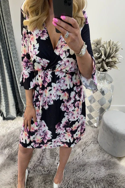 Chic Wrap Dress for Dinner Party -Wrap Dress with Floral Detail -Black Reese Floral Wrap Skater Dress Chic Wrap Dress for Dinner Party -Wrap Dress with Floral Detail -Black Reese Floral Wrap Skater Dress