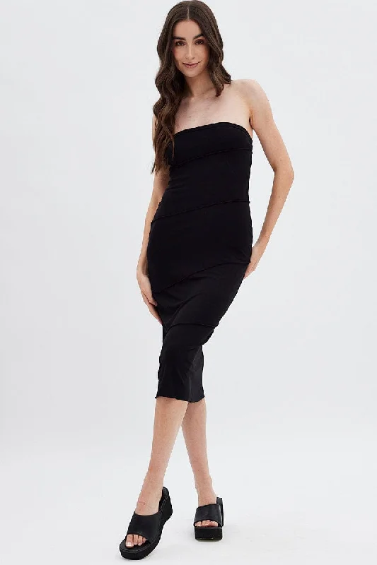 Bodycon Dress with Transparent Detail -Black Ribbed Bodycon Midi Dress