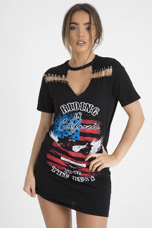 Off-shoulder Shirt Dress-Black 'Riding In California' Graphic Print Cut Out Pin Detail T-Shirt Dress - Harper