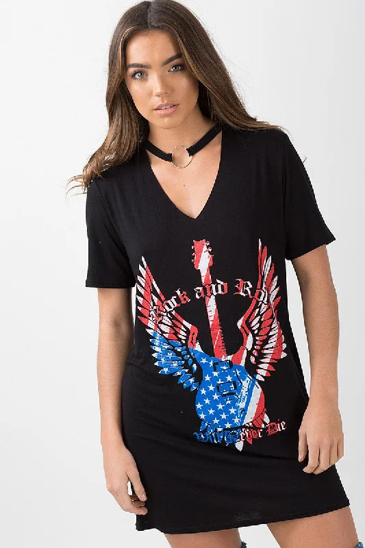 Plaid Shirt Dress-Black Ring Choker 'Rock & Roll' T-Shirt Dress - Betty