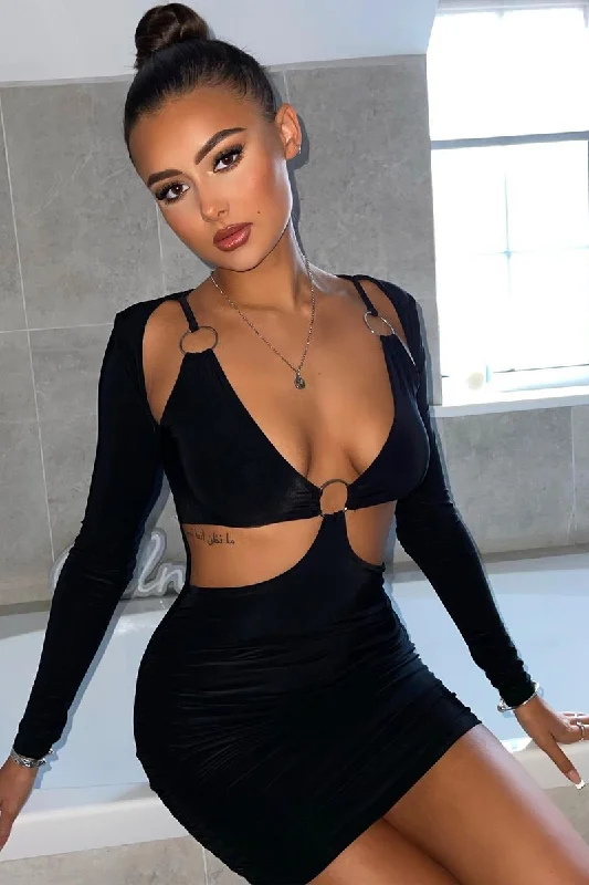 Women's Front Button Mini Dress-Black Ring Front Cut Out Slinky Mini Dress - Ava