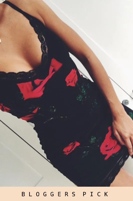 Satin Slip Dress for Outdoor Event -Satin Slip Dress with Side Slit for Weddings -Black Rose Print Lace Trim Slip Dress - Martina