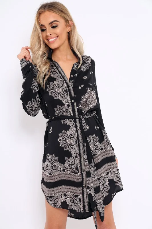 Women's Classic Shirt Dress-Black Satin Paisley Print Button Front Shirt Dress - Hailie Women's Classic Shirt Dress-Black Satin Paisley Print Button Front Shirt Dress - Hailie