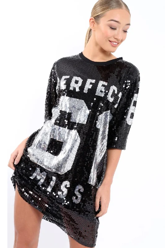 Denim Shirt Dress with Sleeves-Black Sequin Miss Perfect 61 Tshirt Dress - Ysabelle