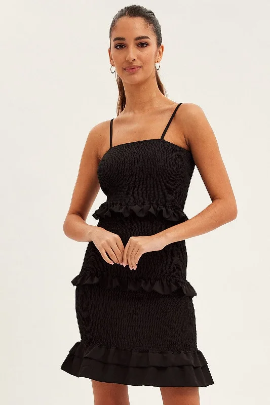 Strappy Black Bodycon Dress -Black Shirred Bodycon Dress