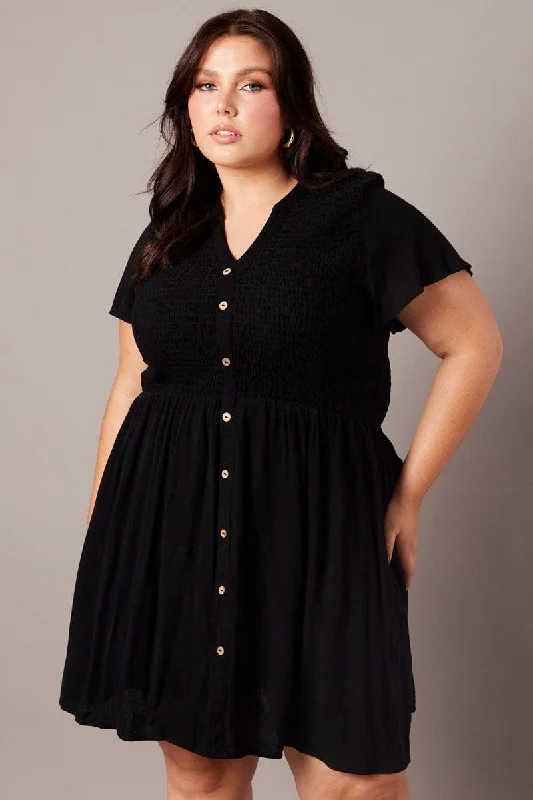 Loose-fit Linen Shirt Dress-Black Shirred Mini Shirtdress
