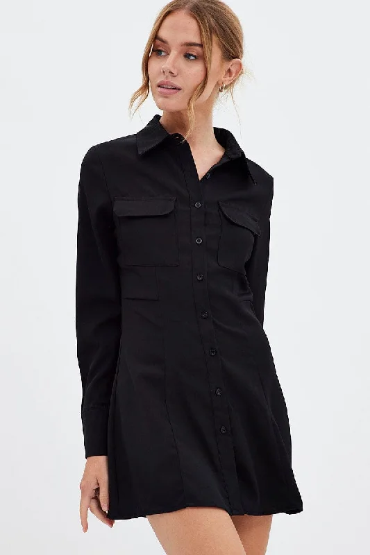 Trendy Women's Shirt Dress-Black Shirt Dress Long Sleeve