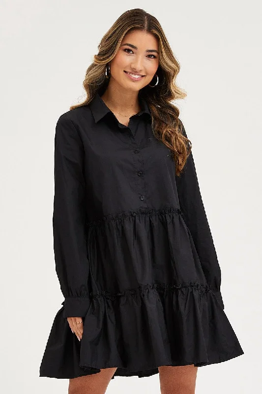 Black and White Shirt Dress-Black Shirt Dress Long Sleeve Mini