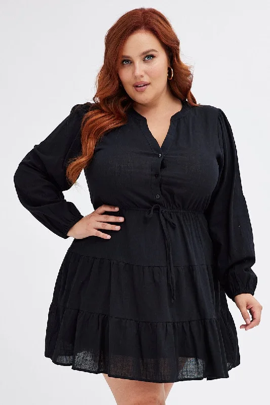 Women's Comfortable Shirt Dress for Fall-Black Shirt Dress Long Sleeve V-neck Tiered