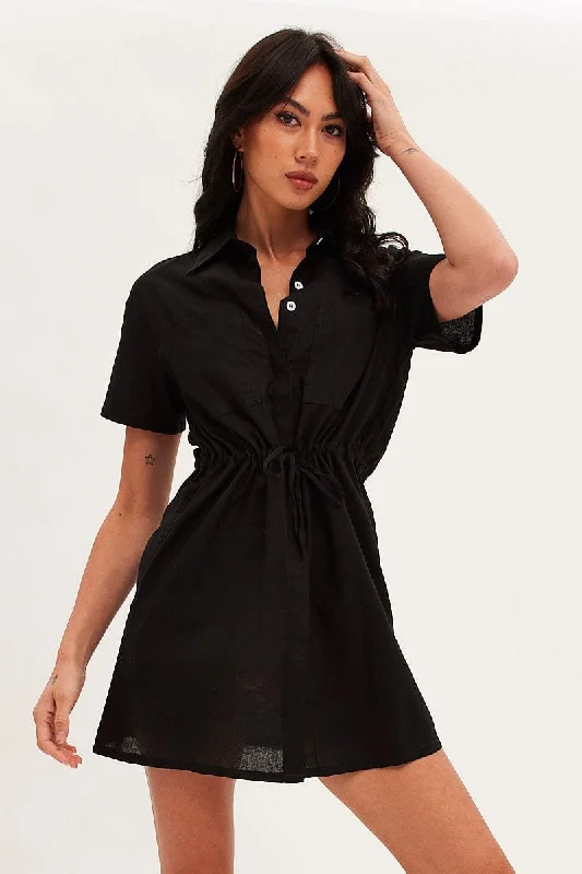 Summer-ready Shirt Dress-Black Shirt Dress Pocket Short Sleeve Button Front