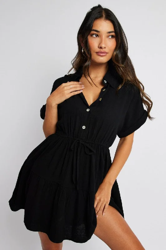 Casual Checkered Shirt Dress-Black Shirt Dress Short Sleeve