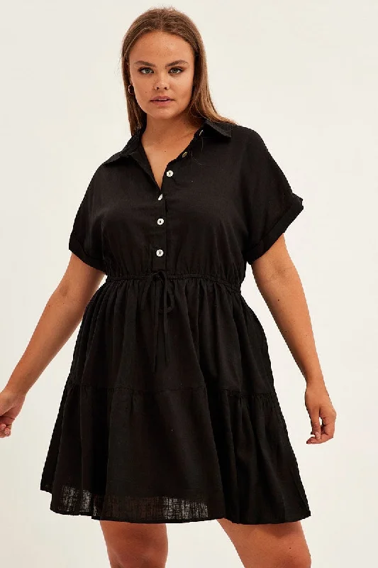 Bold Color Shirt Dress-Black Shirt Dress Short Sleeve Linen Blend