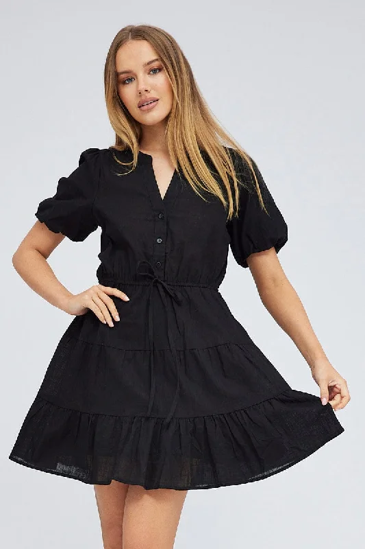 Stretch Shirt Dress-Black Shirt Dress Short Sleeve Tiered