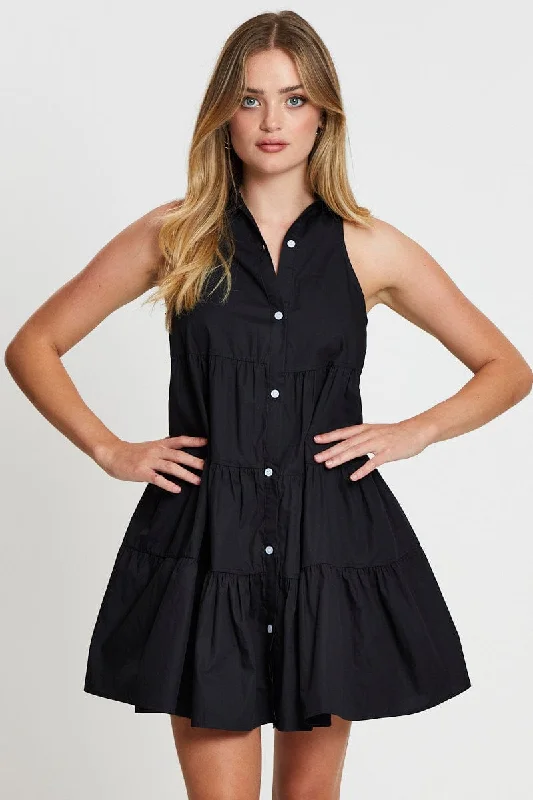 Lightweight Shirt Dress for Summer-Black Shirt Dress Sleeveless V Neck