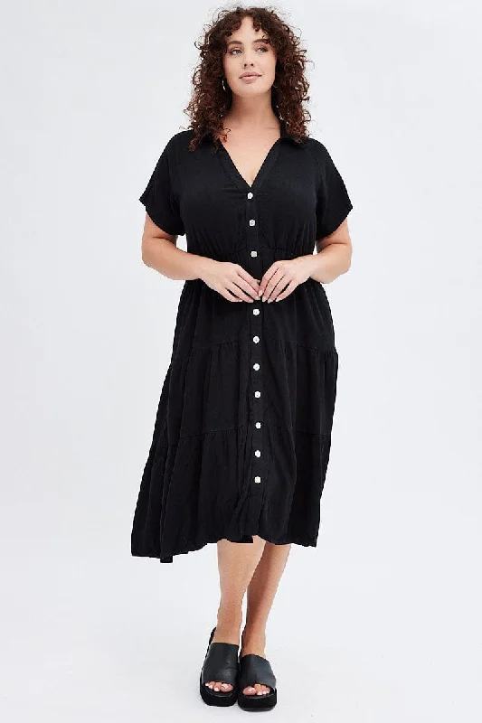 Classic White Shirt Dress-Black Shirtdress Midi Button Linen Blend Short Sleeve