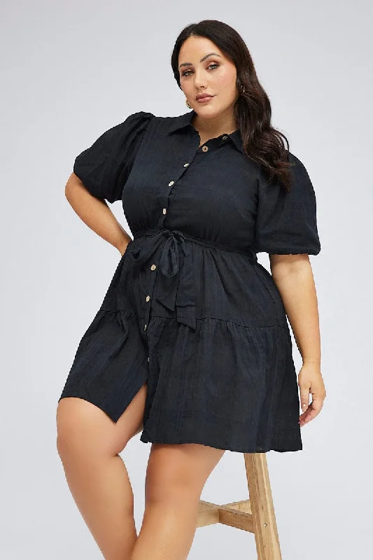 Casual Shirt Dress for Women-Black Shirtdress Textured Cotton Check Puff Sleeve